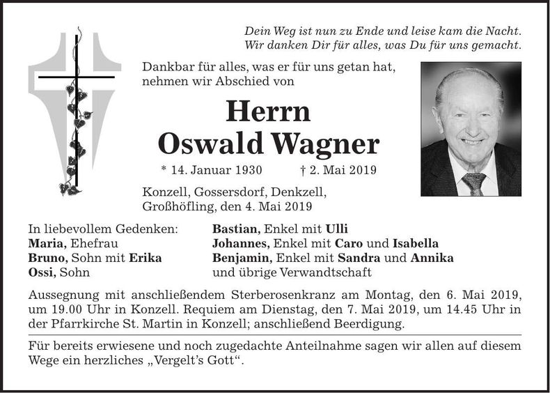 Traueranzeige Oswald Wagner