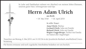 Traueranzeige Adam Ulrich