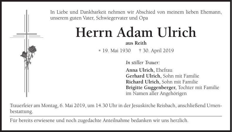 Traueranzeige Adam Ulrich