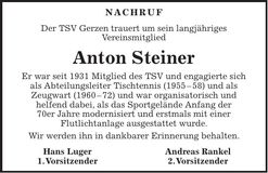 Traueranzeige Anton Steiner