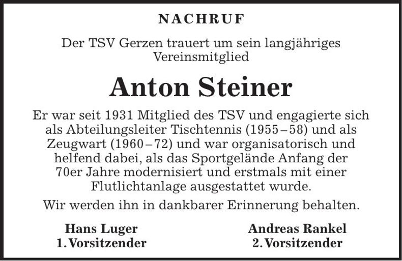 Traueranzeige Anton Steiner