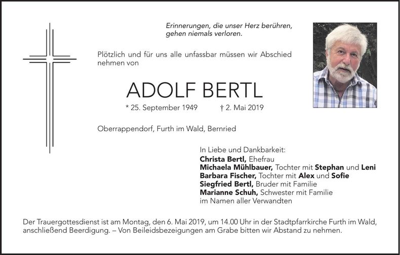 Traueranzeige Adolf Bertl