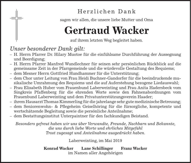 Traueranzeige Gertraud Wacker