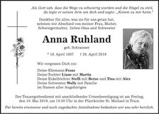 Traueranzeige Anna Ruhland