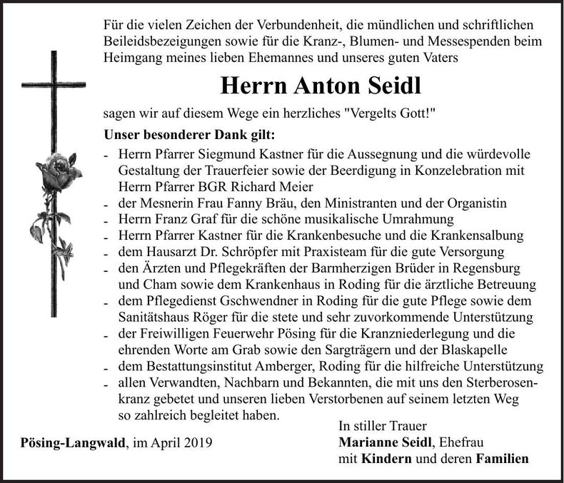 Traueranzeige Anton Seidl