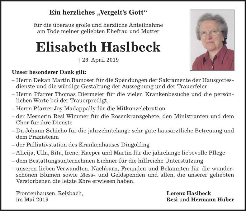 Traueranzeige Elisabeth Haslbeck