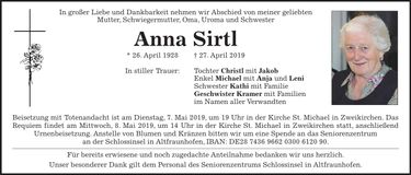 Traueranzeige Maria Sirtl