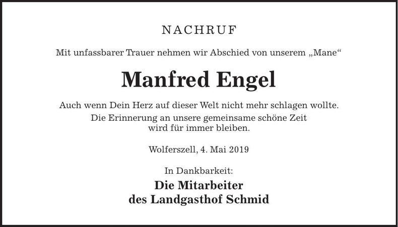 Traueranzeige Manfred Engel