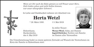 Traueranzeige Herta Wetzl