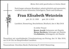 Traueranzeige Elisabeth Wetzstein