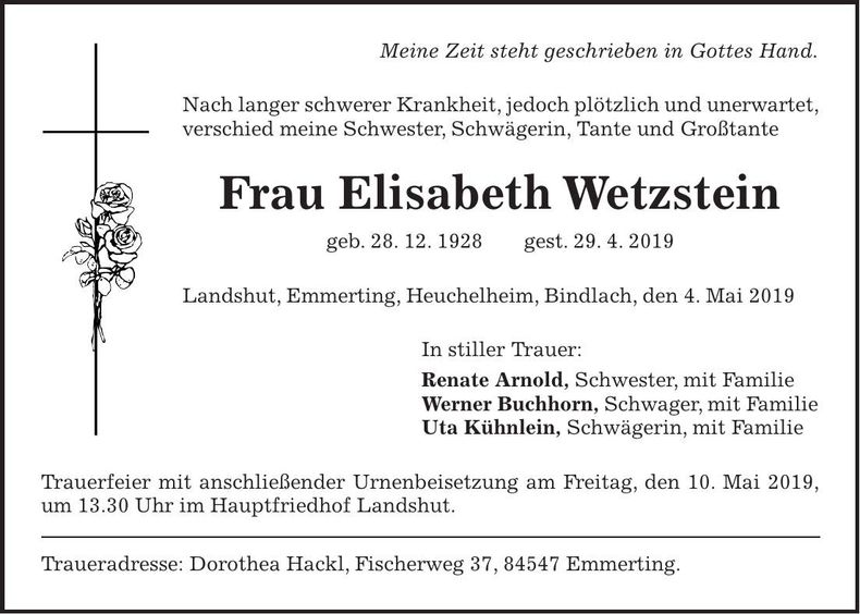 Traueranzeige Elisabeth Wetzstein