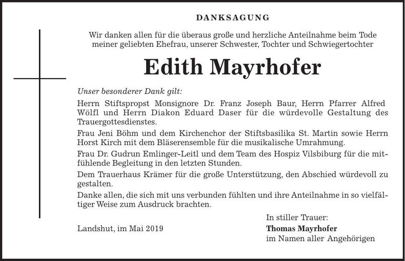 Traueranzeige Edith Mayrhofer