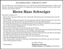 Traueranzeige Hans Schwaiger