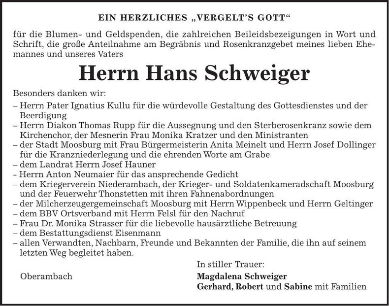Traueranzeige Hans Schwaiger