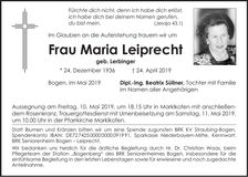 Traueranzeige Maria Leiprecht
