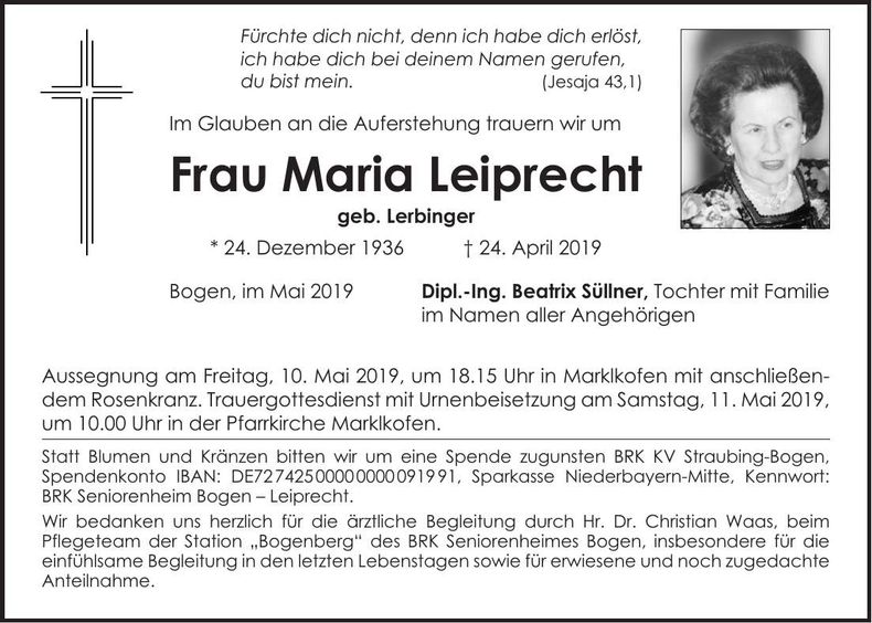 Traueranzeige Maria Leiprecht