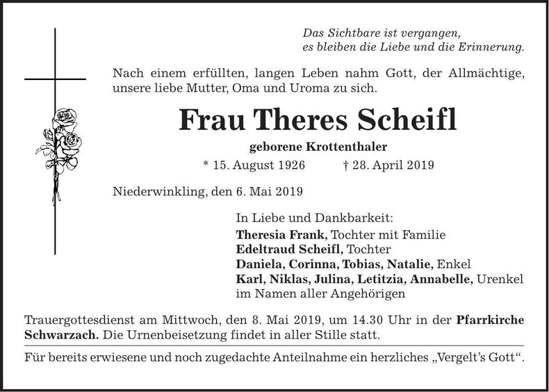 Traueranzeige Theres Scheifl