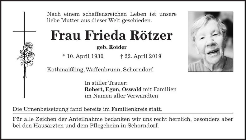 Traueranzeige Frieda Rötzer