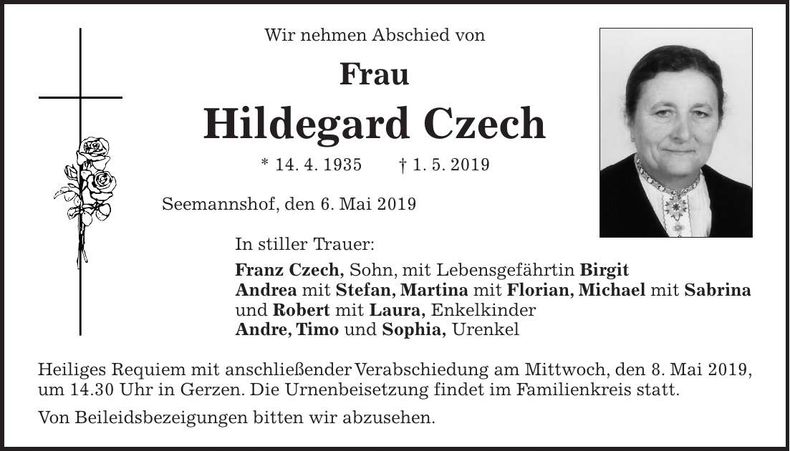 Traueranzeige Hildegard Czech