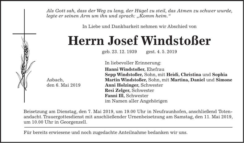 Traueranzeige Josef Windstoßer
