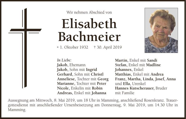 Traueranzeige Elisabeth Bachmeier