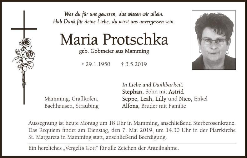 Traueranzeige Maria Protschka