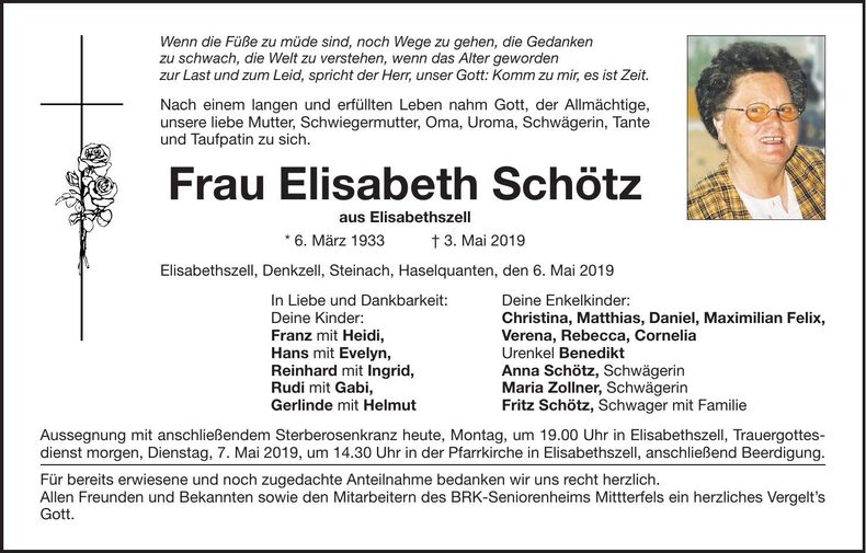 Traueranzeige Elisabeth Schötz