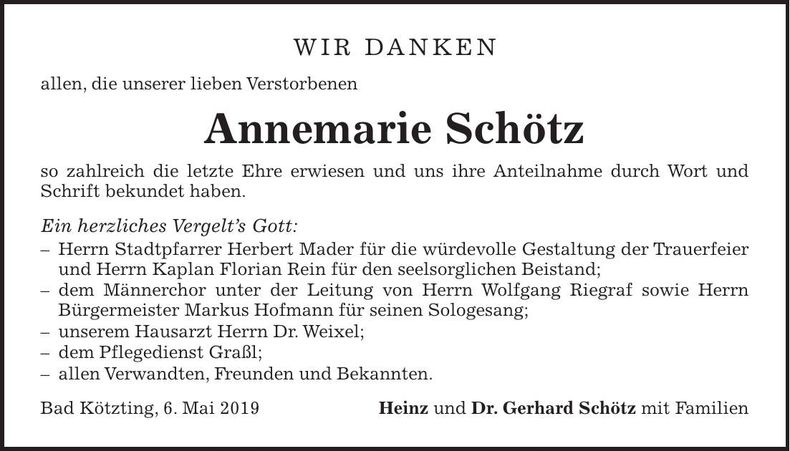 Traueranzeige Annemarie Schötz