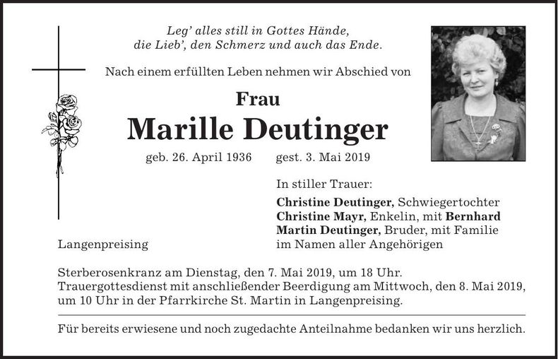 Traueranzeige Marille Deutinger