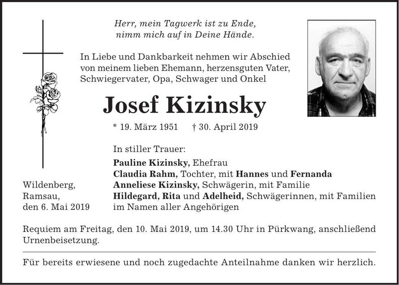 Traueranzeige Josef Kizinsky