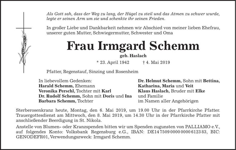 Traueranzeige Irmgard Schemm