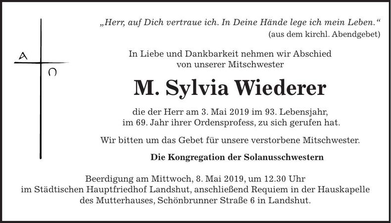 Traueranzeige Sylvia Wiederer
