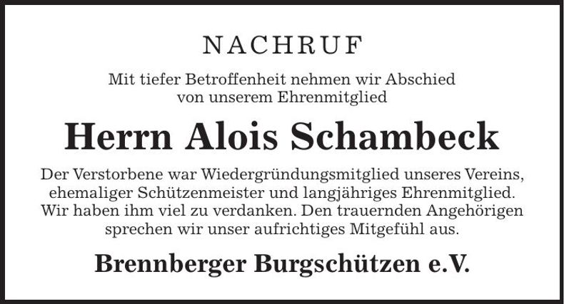 Traueranzeige Alois Schambeck