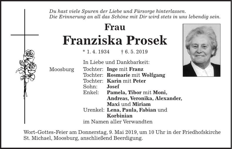 Traueranzeige Franziska Prosek