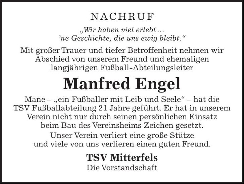 Traueranzeige Manfred Engel