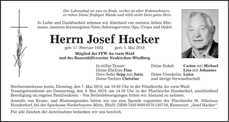 Traueranzeige Josef Hacker