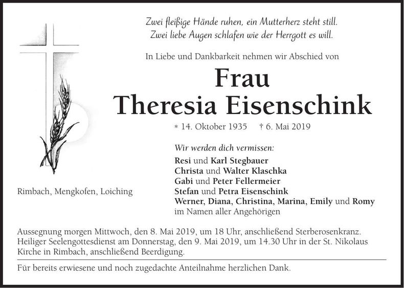 Traueranzeige Theresia Eisenschink
