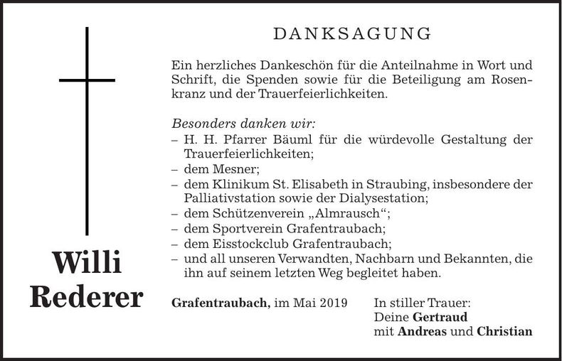 Traueranzeige Willi Rederer