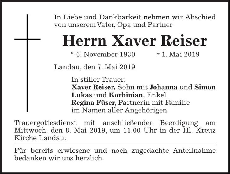 Traueranzeige Xaver Reiser
