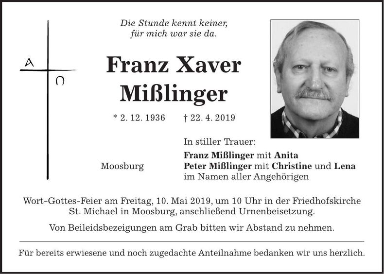 Traueranzeige Franz Xaver Mißlinger