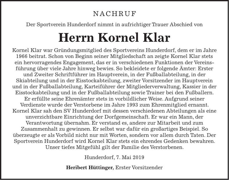 Traueranzeige Kornel Klar