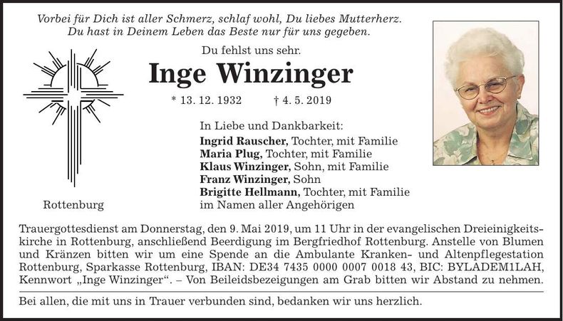Traueranzeige Inge Winzinger