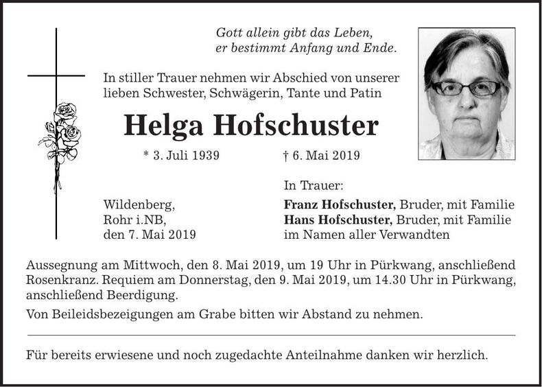 Traueranzeige Helga Hofschuster