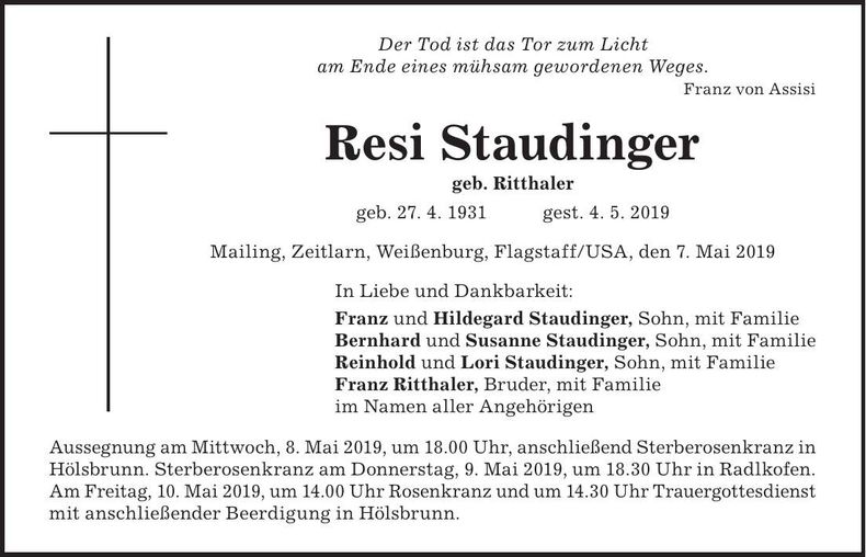 Traueranzeige Resi Staudinger