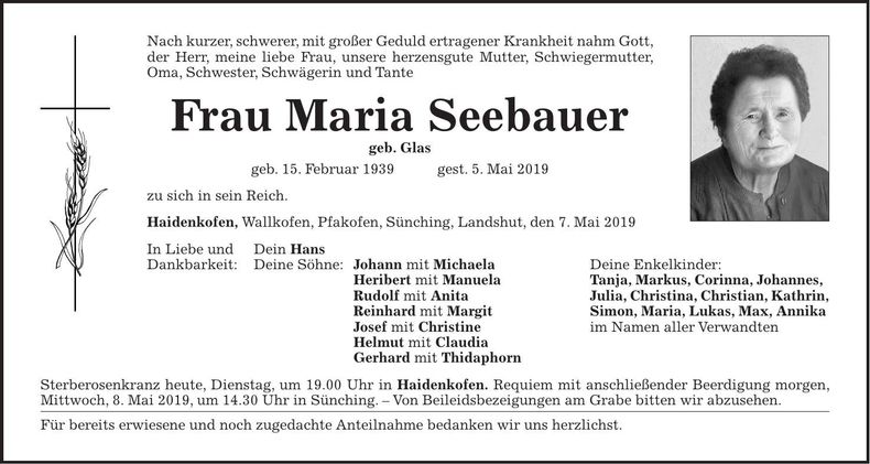 Traueranzeige Maria Seebauer