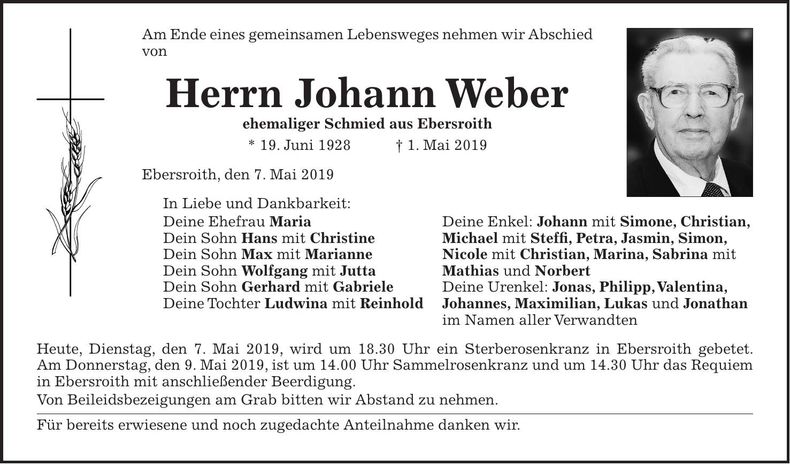 Traueranzeige Johann Weber