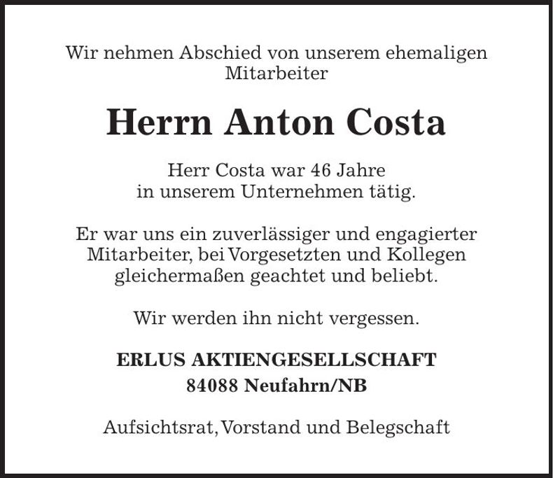 Traueranzeige Anton Costa