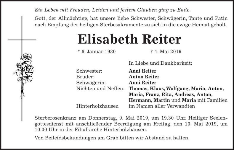 Traueranzeige Elisabeth Reiter