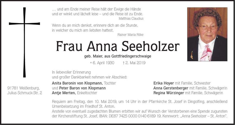 Traueranzeige Anna Seeholzer