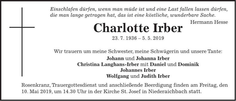 Traueranzeige Charlotte Irber